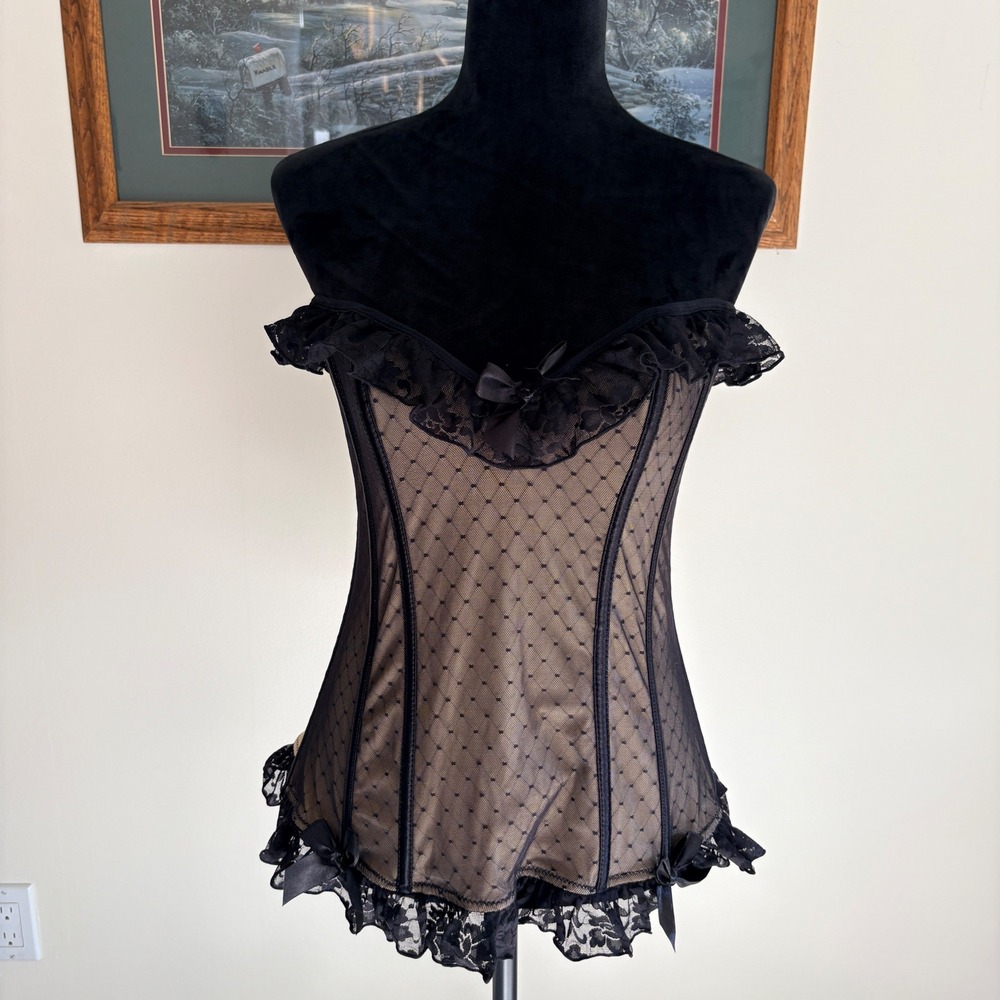 Torrid Corset Top Womens Plus Size 2 Black Tan Polka Dot Mesh Lace Trim Bustier